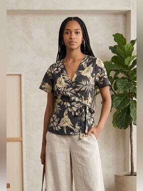 Harve Benard Black Floral Wrap Blouse with Cream Flowers